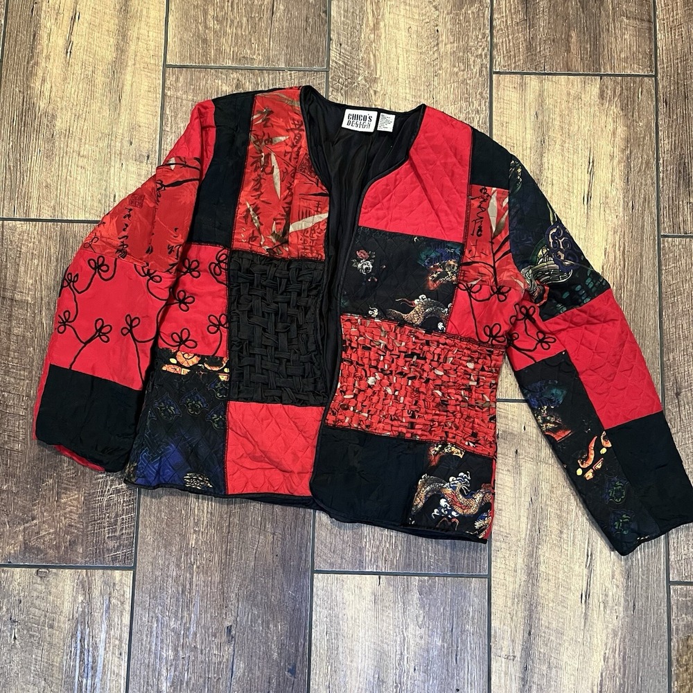 Vtg Chicos Womens Jacket Blazer Size 1 Red Art Wear Silk Oriental Quilted Asia